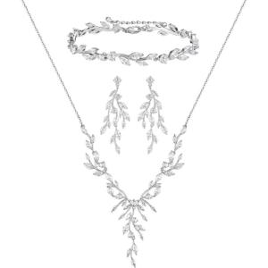 imageSWEETV Jewelry Set for Women Cubic Zirconia Marquise Vine Cluster Bridal Earrings and Necklace Set Bridal Jewelry Set for Wedding PromS11 Silver