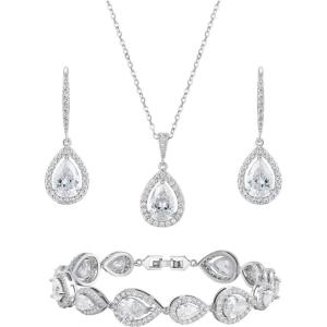 imageSWEETV Jewelry Set for Women Teardrop Cubic Zirconia Bridal Backdrop Necklace Earrings Set Wedding Party Prom Jewelry for Bride BridesmaidS03 Silver