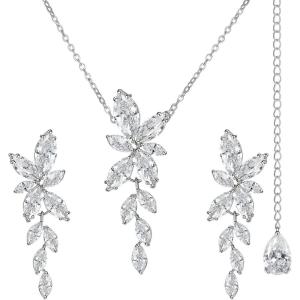 imageSWEETV Marquise Wedding Jewelry Set for Bride Bridesmaids Bridal Jewelry Set for Wedding Cubic Zirconia Crystal Necklace Earrings Set for WomenSilverBackdrop Necklace