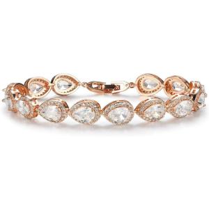 imageSWEETV Teardrop Wedding Bridal Bracelets for Brides Crystal Rhinestone Cubic Zirconia Tennis Bracelets for Women Prom Bridal JewelryRose Gold