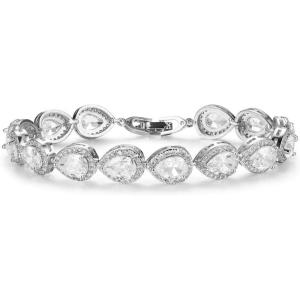 imageSWEETV Teardrop Wedding Bridal Bracelets for Brides Crystal Rhinestone Cubic Zirconia Tennis Bracelets for Women Prom Bridal JewelrySilver