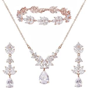 imageSWEETV Teardrop Wedding Bridal Jewelry Set for Brides Women Bridesmaid Crystal Rhinestone Backdrop Necklace Earring Sets for Prom03Rose Gold