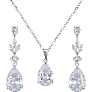 imageSWEETV Teardrop Wedding Jewelry Sets for Women Brides Bridesmaids Crystal Bridal Necklace Drop Earrings SetProm Costume Bridal Wedding Jewelry01Silver