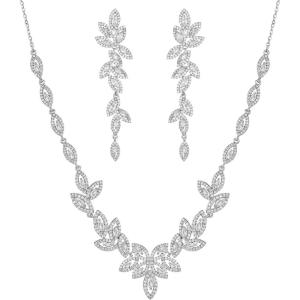 imageSWEETV Wedding Jewelry Set for Women Marquise Cubic Zirconia Necklace Earrings Bracelet Set for Bride Bridesmaid Bridal Jewelry Set for Wedding Prom03 Silver