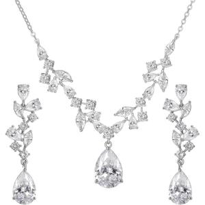 imageSWEETV Wedding Jewelry Sets for Brides BridesmaidCubic Zirconia Teardrop Bridal Necklace Earrings Set Wedding Prom Jewelry for WomenS01 Silver
