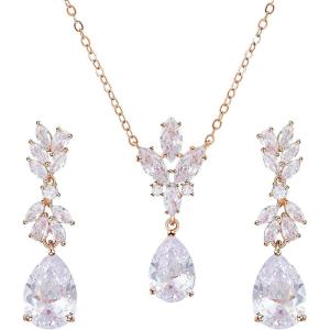 imageSWEETV Wedding Jewelry Sets for Brides BridesmaidCubic Zirconia Teardrop Bridal Necklace Earrings Set Wedding Prom Jewelry for WomenS04 Rose Gold