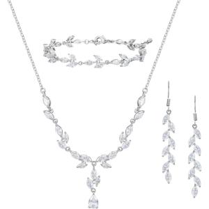 imageSWEETV Wedding Jewelry for Bride Bridesmaids Cubic Zirconia Leaf Vine Bridal Necklace Earrings Bracelet Set Bridal Jewelry Set for Wedding PartyS01 Silver