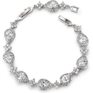 imageSWEETV Wedding Teardrop Bracelets for Brides Bridesmaids Crystal Cubic Zirconia Bridal Bracelets for Women PromSilver