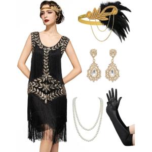 imageSWEETV Womens 1920s Flapper Dresses Scoop Neck Great Gatsby Dress with 20s Accessories Flapper CostumeSetblack