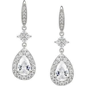 imageSWEETV Cubic Zirconia Teardrop Wedding Earrings for Brides Bridesmaids Rhinestone Bridal Earrings Crystal Drop Dangle Earrings for Women Prom Party