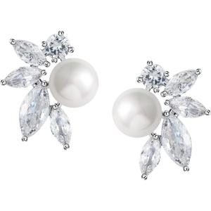 imageSWEETV Pearl Wedding Earrings for Brides Bridesmaids Bridal Pearl Cluster Earrings Cubic Zirconia Pearl Drop Stud Earrigs for Women Formal Jewelry Mothers Day GiftsPearl Earrings4Silver