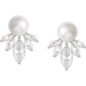 imageSWEETV Pearl Wedding Earrings for Brides Bridesmaids Bridal Pearl Cluster Earrings Cubic Zirconia Pearl Drop Stud Earrigs for Women Formal Jewelry Mothers Day GiftsPearl Earrings6Silver
