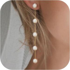 imageSWEETV 14K Gold Plated Long Pearl Drop Dangle Earrings for Women Tassel Chain Baroque Pearl Wedding Bridal Earrings for Brides Bridesmaids Prom Jewelry Gifts01GoldBaroque Pearls