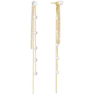 imageSWEETV 14K Gold Plated Long Pearl Drop Dangle Earrings for Women Tassel Chain Baroque Pearl Wedding Bridal Earrings for Brides Bridesmaids Prom Jewelry Gifts10GoldTassel