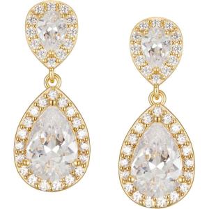imageSWEETV Cubic Zirconia Teardrop Bridal Earrings Rhinestone Dangle Earrings for Wedding Prom AnniversaryGold