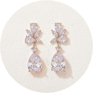 imageSWEETV Elegant Bridal Wedding Earrings for Brides Bridesmaids Cubic Zirconia Teardrop Dangle Earrings for Women Formal JewelryRose Gold