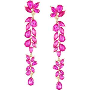 imageSWEETV Long Rhinestone Dangle Earrings for Women Wedding Bridal Earrings for Brides Crystal Chandelier Drop Earrings for Prom or PageantHot PinkGold Tone