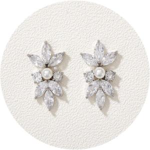 imageSWEETV Marquise Cubic Zirconia Wedding Bridal Stud Earrings for Brides Bridesmaids Crystal Pearl Rhinestone Stud Earrings for Women Prom Party Jewelry GiftsSilver