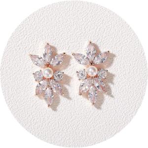 imageSWEETV Marquise Cubic Zirconia Wedding Bridal Stud Earrings for Brides Bridesmaids Crystal Pearl Rhinestone Stud Earrings for Women Prom Party Jewelry GiftsRose Gold