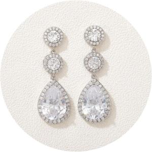 imageSWEETV Crystal Teardrop Wedding Bridal Earrings For Brides Bridesmaids Rhinestone Drop Dangle Earrings for Women Bridal Prom Party JewelrySilver