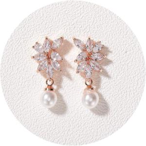imageSWEETV Cubic Zirconia Pearl Wedding Bridal Earrings for Brides Bridesmaids Pearl Drop Earrings for Women Prom Jewelry GiftsRose Gold