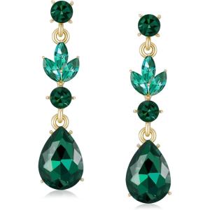 imageSWEETV Drop Earrings for WomenBridesmaidsBrides Teardrop Crystal Rhinestones Cubic Zirconia Earrings DanglingGreen RhinestoneGold Tone
