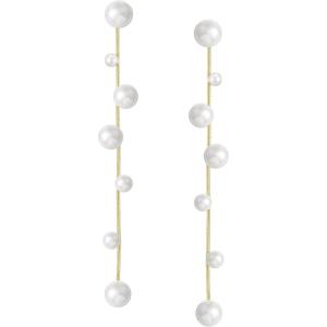 imageSWEETV 18K Gold PlatedSilver Long Pearl Drop Dangle Earrings for Women Chain Pearl Dangling Wedding Bridal Earrings for Brides Bridesmaids Prom Jewelry Gift for AdultGold