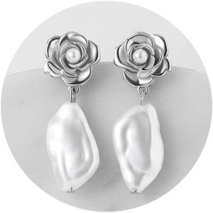 imageSWEETV Baroque Pearl Drop Earrings for Women Floral Pearl Wedding Earrings for Brides Bridal Dangle Earrings for Women Prom Party Jewelry GiftsSilver