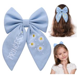 imageSWEETV Large Linen Hair Bows For Girls Handmade Cotton Floral Bow Hair Accessories Baby Girls Hair Clip Spring Flower Hair Barrettes Fable Hair Bows for Little Girl Toddler Kids TeensBlueA