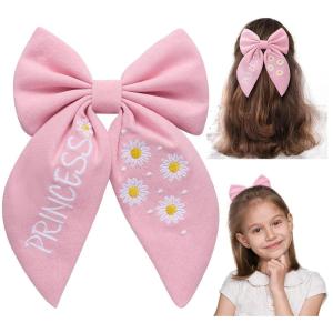 imageSWEETV Large Linen Hair Bows For Girls Handmade Cotton Floral Bow Hair Accessories Baby Girls Hair Clip Spring Flower Hair Barrettes Fable Hair Bows for Little Girl Toddler Kids TeensPinkA