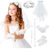 imageSWEETV 6 Pcs First Communion Veil Set for Girls 1st Communion Bow Veil Headpiece Accessories Set White Lace Veil Flower CrownWhite