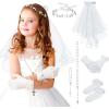 imageSWEETV 6 Pcs First Communion Veil Set for Girls 1st Communion Bow Veil Headpiece Accessories Set White Lace Veil Flower CrownWhite