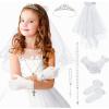 imageSWEETV 6 Pcs First Communion Veil Set for Girls 1st Communion Bow Veil Headpiece Accessories Set White Lace Veil Flower CrownWhite