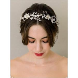 imageSWEETV FlowerLeaf Bridal Headpieces for Wedding Hair Band for Brides Headband Rhinestone Wedding Headband Silver Flower Girl Bridesmaid Hair Vine