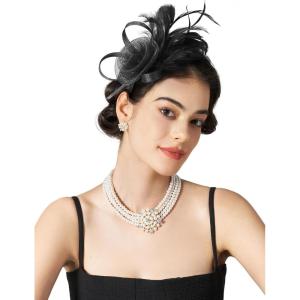 imageSWEETV Tulle Fascinators for Women Tea Party Hats for Kentucky Fascinators Derby Cocktail Wedding Fancy Dress PartyBlack