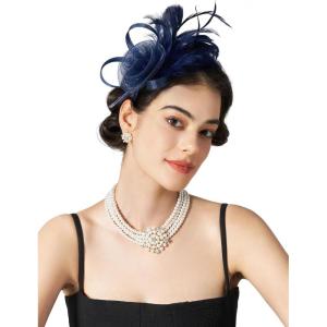 imageSWEETV Tulle Fascinators for Women Tea Party Hats for Kentucky Fascinators Derby Cocktail Wedding Fancy Dress PartyBlue