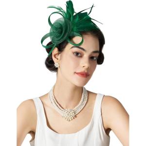 imageSWEETV Tulle Fascinators for Women Tea Party Hats for Kentucky Fascinators Derby Cocktail Wedding Fancy Dress PartyGreen