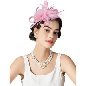 imageSWEETV Tulle Fascinators for Women Tea Party Hats for Kentucky Fascinators Derby Cocktail Wedding Fancy Dress PartyLight Pink