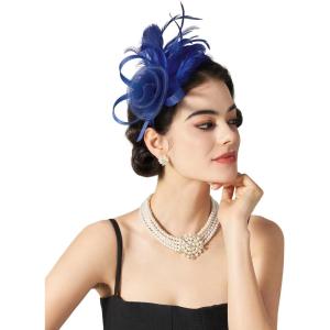 imageSWEETV Tulle Fascinators for Women Tea Party Hats for Kentucky Fascinators Derby Cocktail Wedding Fancy Dress PartyNavy Blue