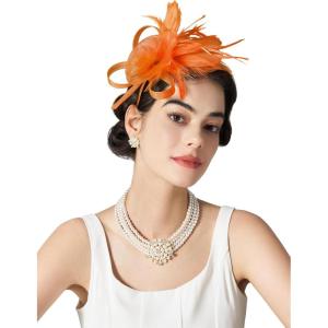 imageSWEETV Tulle Fascinators for Women Tea Party Hats for Kentucky Fascinators Derby Cocktail Wedding Fancy Dress PartyOrange