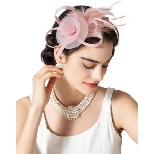 imageSWEETV Tulle Fascinators for Women Tea Party Hats for Kentucky Fascinators Derby Cocktail Wedding Fancy Dress PartyPink
