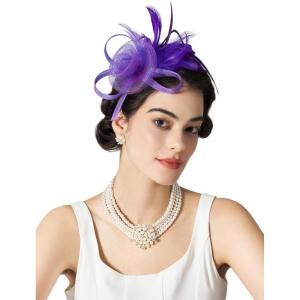 imageSWEETV Tulle Fascinators for Women Tea Party Hats for Kentucky Fascinators Derby Cocktail Wedding Fancy Dress PartyPurple