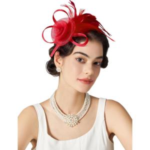 imageSWEETV Tulle Fascinators for Women Tea Party Hats for Kentucky Fascinators Derby Cocktail Wedding Fancy Dress PartyRed
