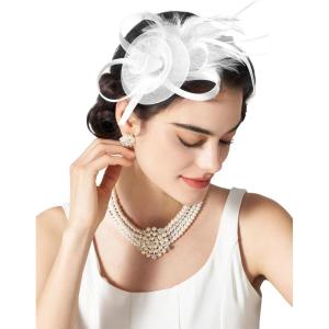 imageSWEETV Tulle Fascinators for Women Tea Party Hats for Kentucky Fascinators Derby Cocktail Wedding Fancy Dress PartyWhite