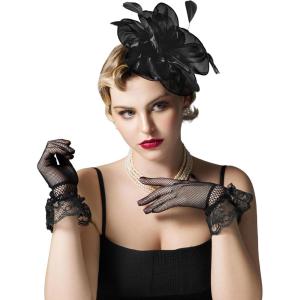 imageSWEETV Fascinators Hats for Women Tea Party Hat and Gloves Set for Kentucky Derby Cocktail Wedding Fancy Dress PartyBlack