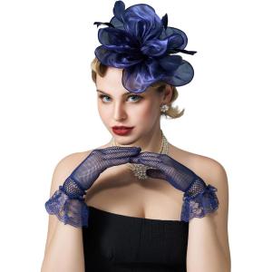 imageSWEETV Fascinators Hats for Women Tea Party Hat and Gloves Set for Kentucky Derby Cocktail Wedding Fancy Dress PartyBlue