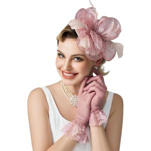 imageSWEETV Fascinators Hats for Women Tea Party Hat and Gloves Set for Kentucky Derby Cocktail Wedding Fancy Dress PartyDusty Pink