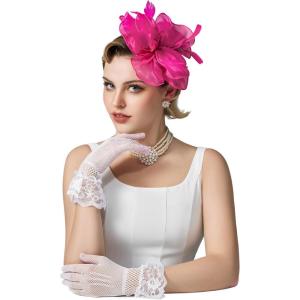 imageSWEETV Fascinators Hats for Women Tea Party Hat and Gloves Set for Kentucky Derby Cocktail Wedding Fancy Dress PartyFuchsia