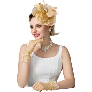 imageSWEETV Fascinators Hats for Women Tea Party Hat and Gloves Set for Kentucky Derby Cocktail Wedding Fancy Dress PartyGold