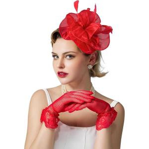 imageSWEETV Fascinators Hats for Women Tea Party Hat and Gloves Set for Kentucky Derby Cocktail Wedding Fancy Dress PartyRed